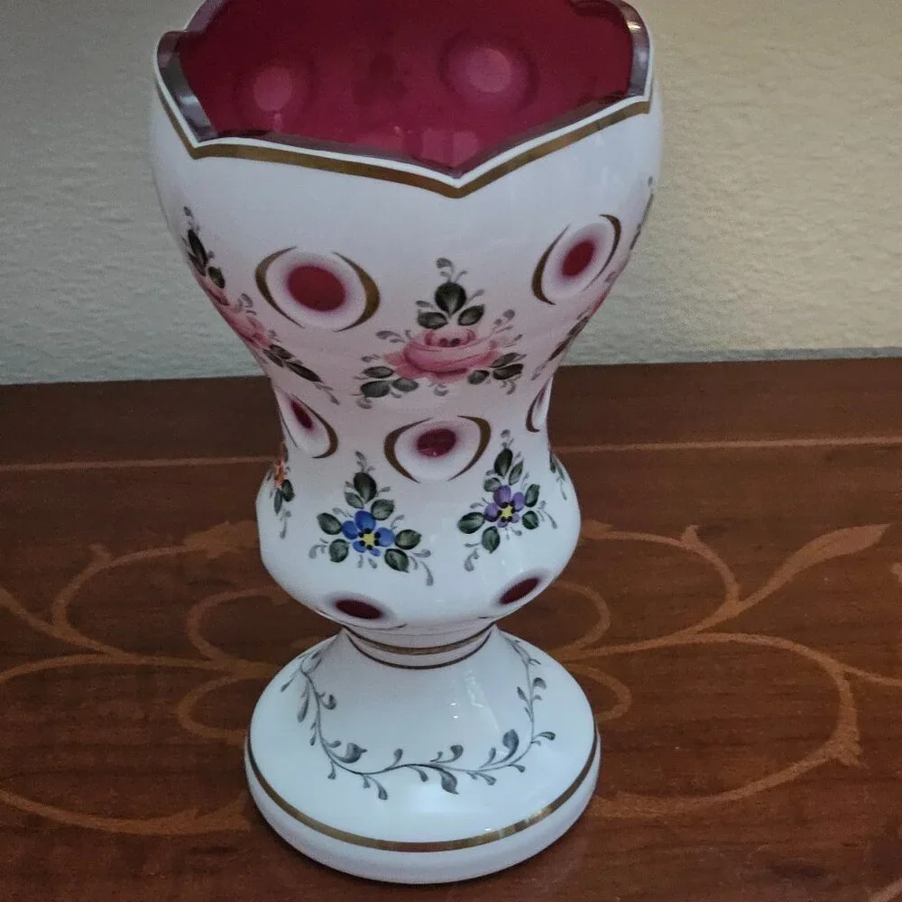 ANTIQUE VINTAGE BOHEMIAN CZECH MOSER FLOWER HAND PAINTED CUT TO CLEAR GLASS VASE